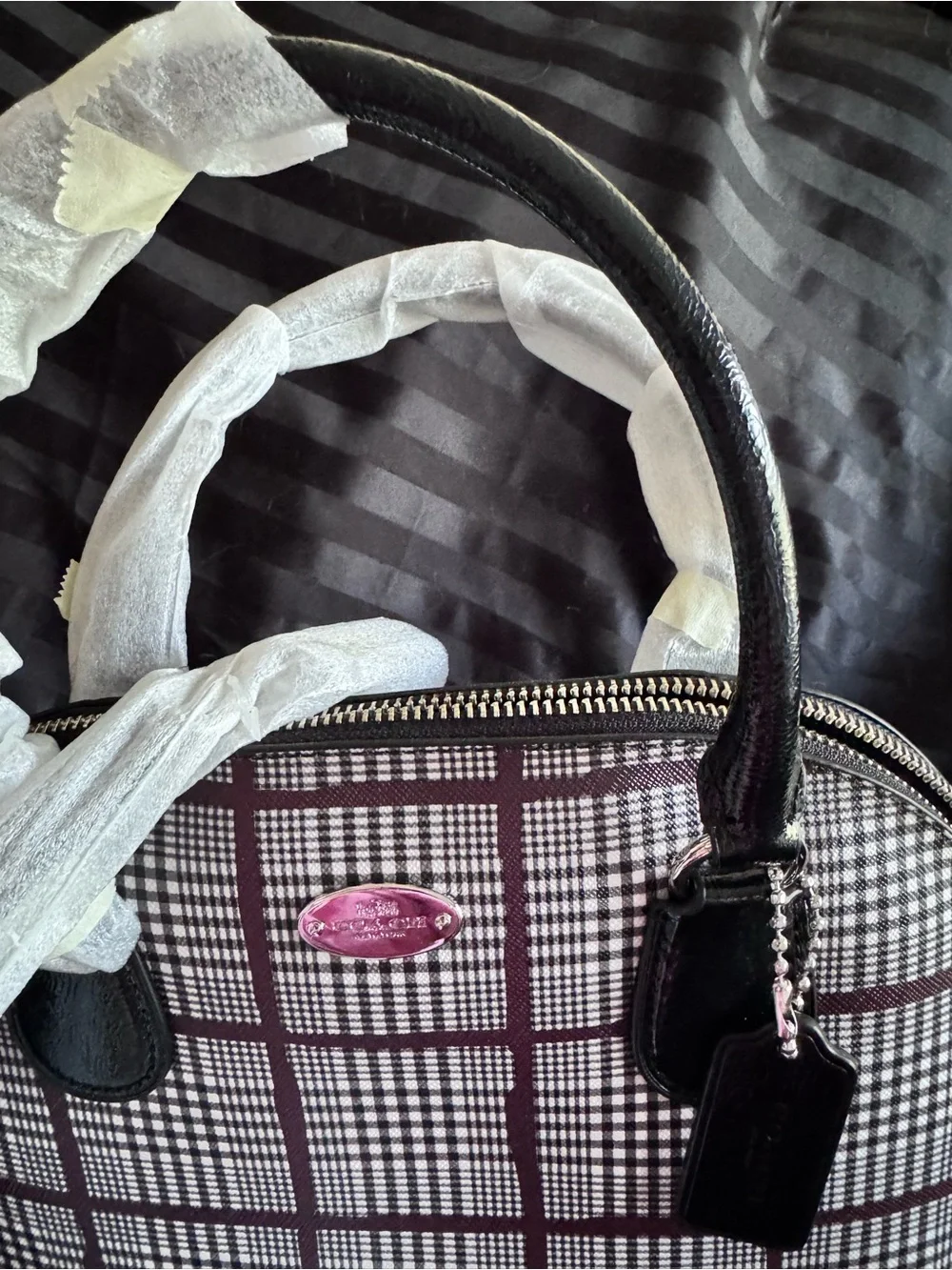 Coach Burgundy Glen CORA Plaid Satchel with Black Accents